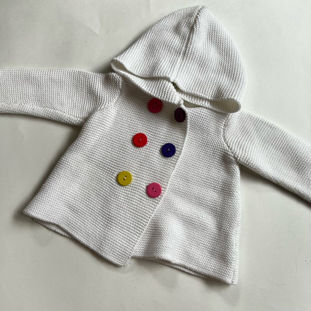 Baby Cardigan Hooded Jacket White Knit Colorful Buttons 3-6mos